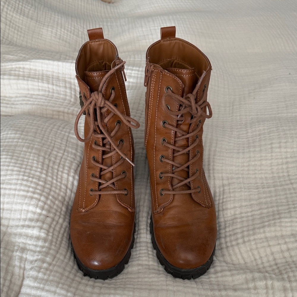 Brown Lace-Up Faux Leather Boots